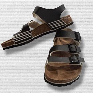 Birki’s Taormina Sandals Black/White Stripes Cork Footbed EU 35 US 4-5 NWOT